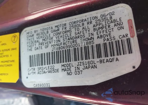 2002 Lexus Gs 300 из США, поврежденный, VIN JT8BD69S020171885